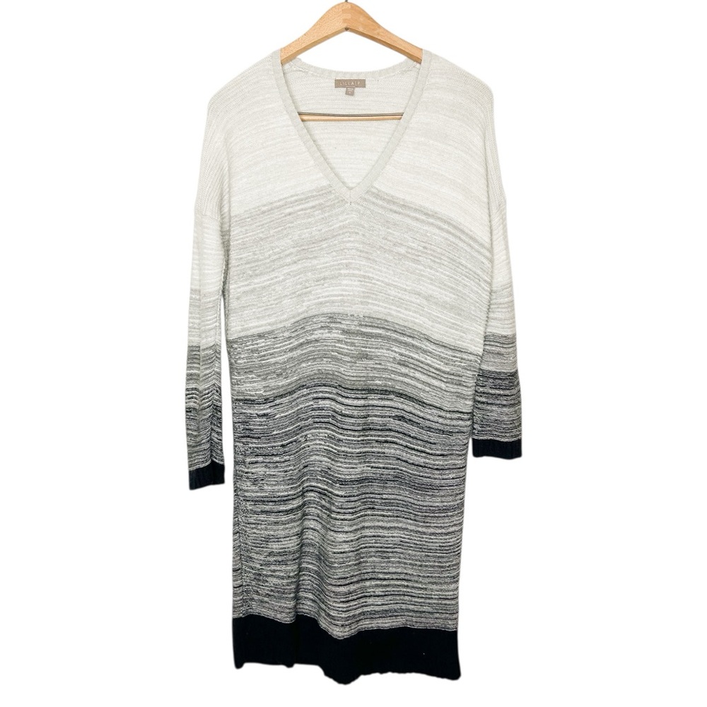 Lilla P Cotton Cashmere Blend Grey Knit Stripe V Neck Sweater Dress Small S